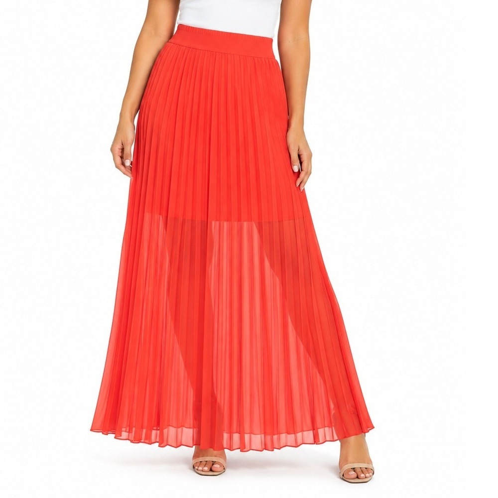 Skies Are Blue Pleated Maxi Skirt Large Neon Coral Orange Sheer Lined Flowy New